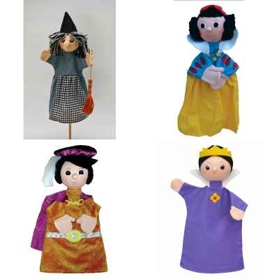 Lot 4 marionnettes en tissus a gaine Blanche Neige, la Reine, le Prince et la sorciere -LWS-381