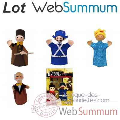 Lot marionnettes a main Guignol, sa femme, le gendarme et le noble avec histoire -LWS-11383