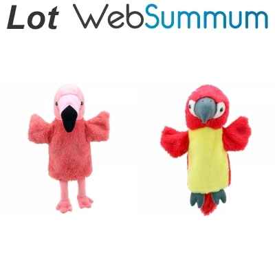 Lot 2 marionnettes a main oiseaux flamand rose et perroquet -LWS-482