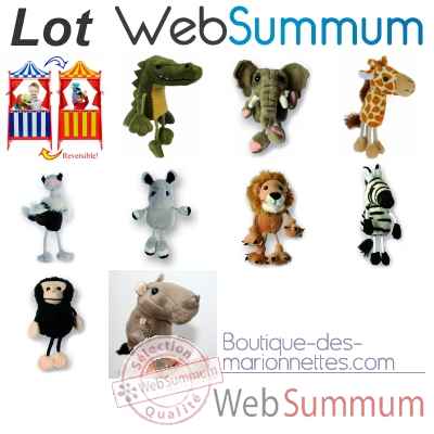 Lot Theatre de marionnette en bois a poser, reversible et 9 marionnettes a doigts animaux de la savanne -LWS-444