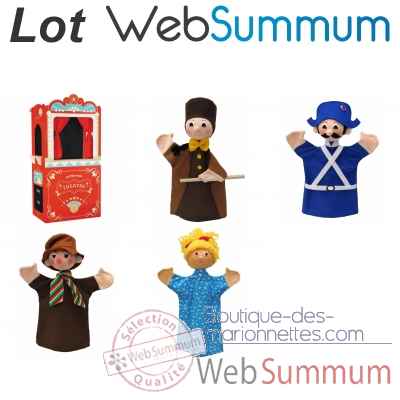 Lot Theatre rouge en bois et marionnettes a main Guignol avec histoire -LWS-11395
