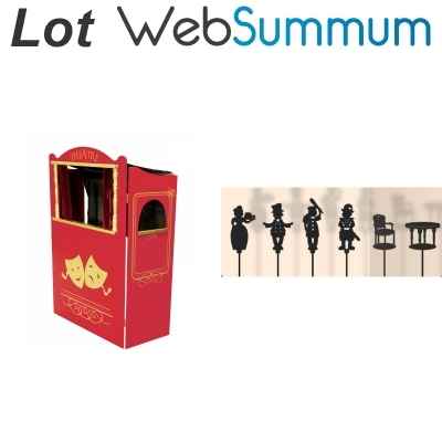 Theatre en bois des 3 ans 14415 et 6 marionnettes a ombres Guignol avec histoire -LWS-299